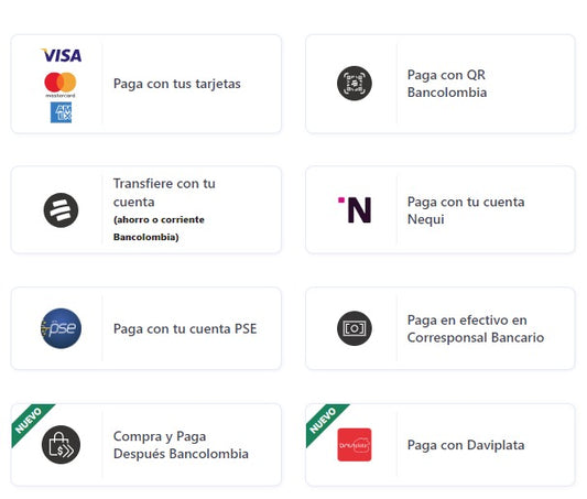 Opciones de pago en tienda online: tarjetas, QR, transferencias, Nequi, Daviplata y efectivo.