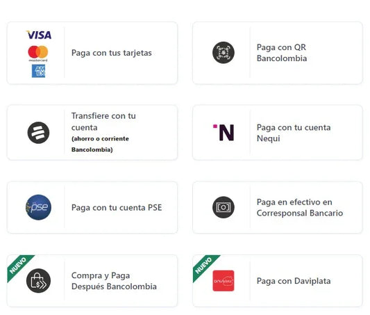 Opciones de pago en tienda online: tarjetas, QR, transferencias, Nequi, Daviplata y efectivo.