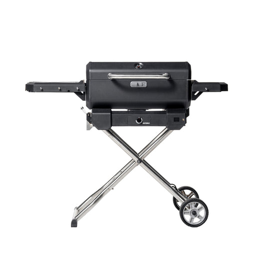 Parrilla y ahumador de carbón portátil con carrito, ideal para asados y bbq.