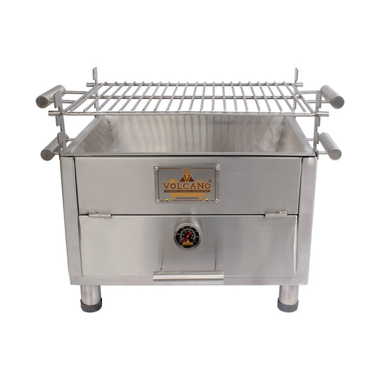 Asador de carbón de acero inoxidable con parrilla ajustable y termómetro frontal, ideal para asados, bbq y ahumados.