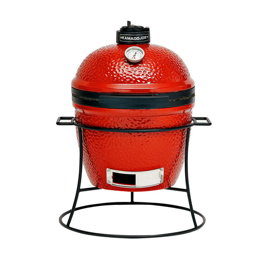 Asador Kamado Joe portátil rojo de cerámica con base de metal, ideal para parrilla y ahumados