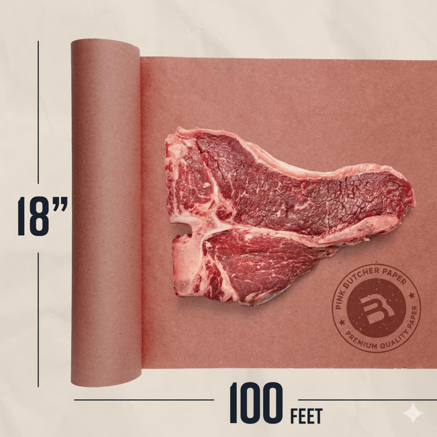 Rollo de papel butcher rosado de 18 pulgadas con carne cruda para asados y parrilla.
