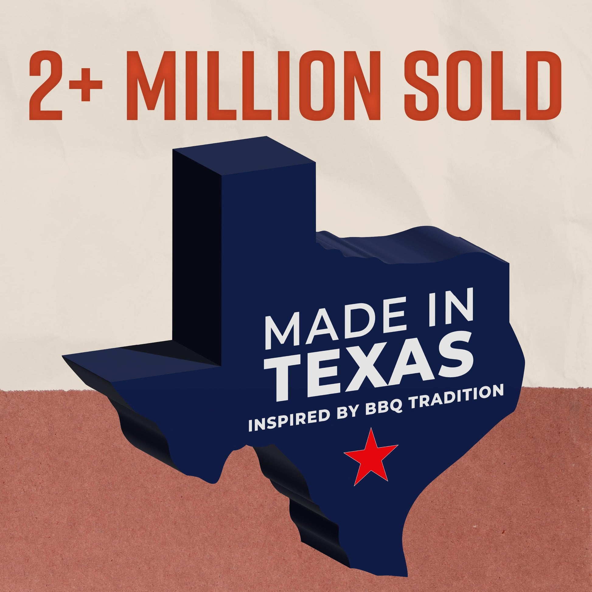Gráfico de Texas con texto 'Made in Texas, inspired by BBQ tradition' y '2+ million sold'.