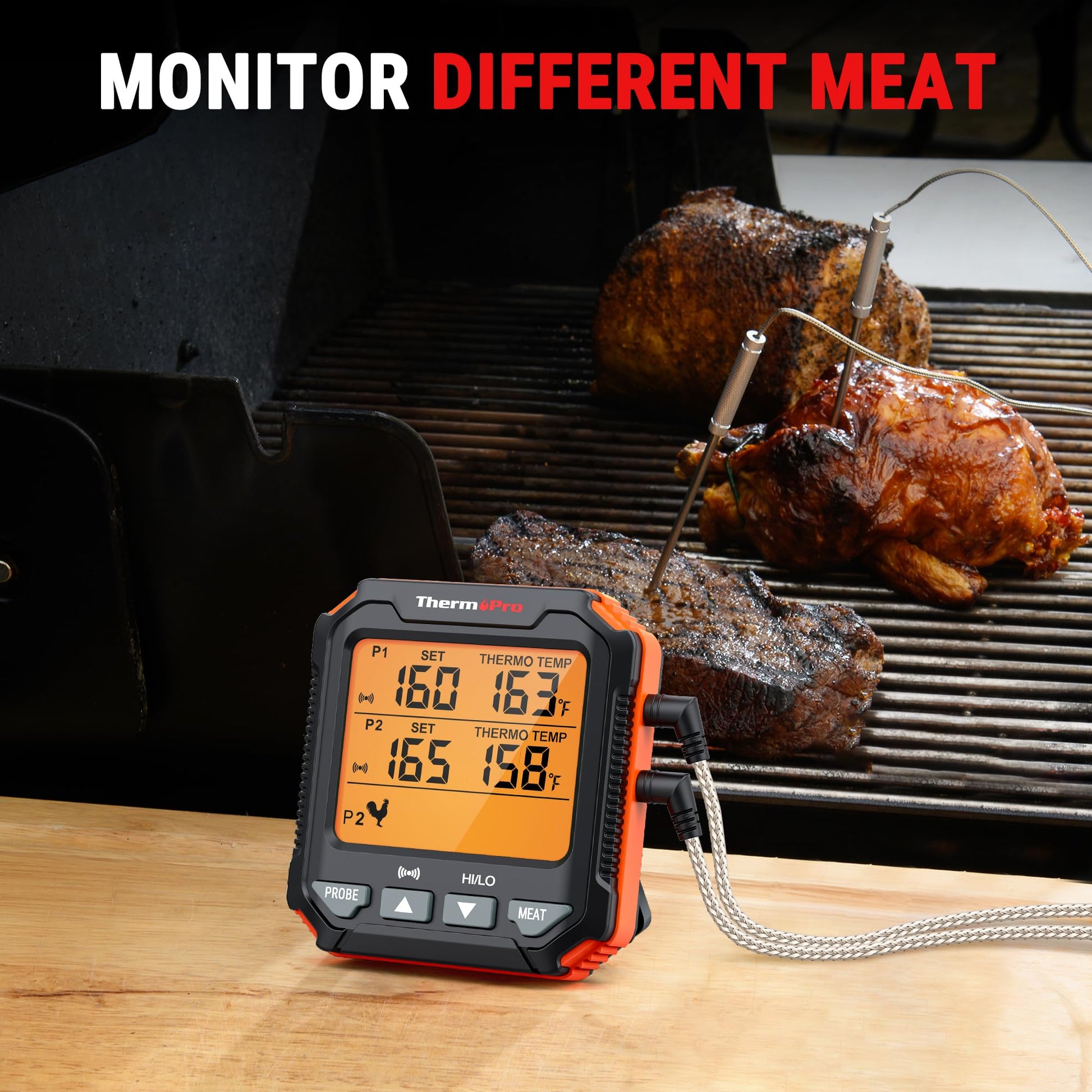 Termómetro digital ThermoPro mide temperatura de carnes asadas en parrilla para BBQ.