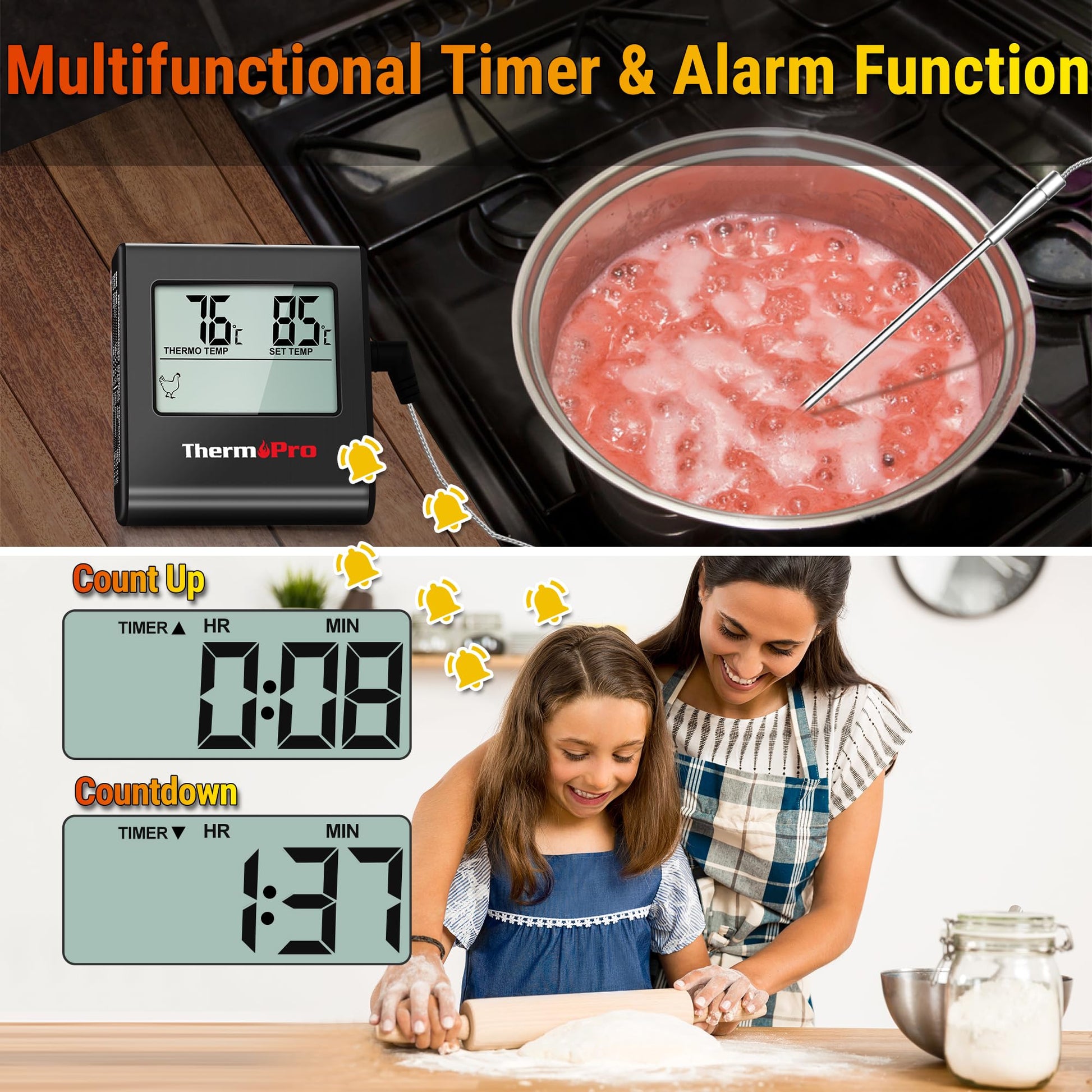 Temporizador y termómetro de cocina digital, ideal para cocinar y hornear, mostrado con olla y familia horneando.