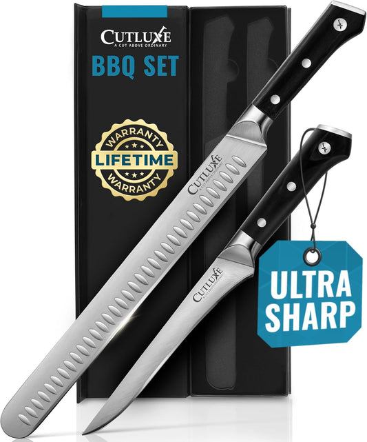 Set de cuchillos para BBQ ultra afilados, ideal para parrilla y asados, presentado en caja.