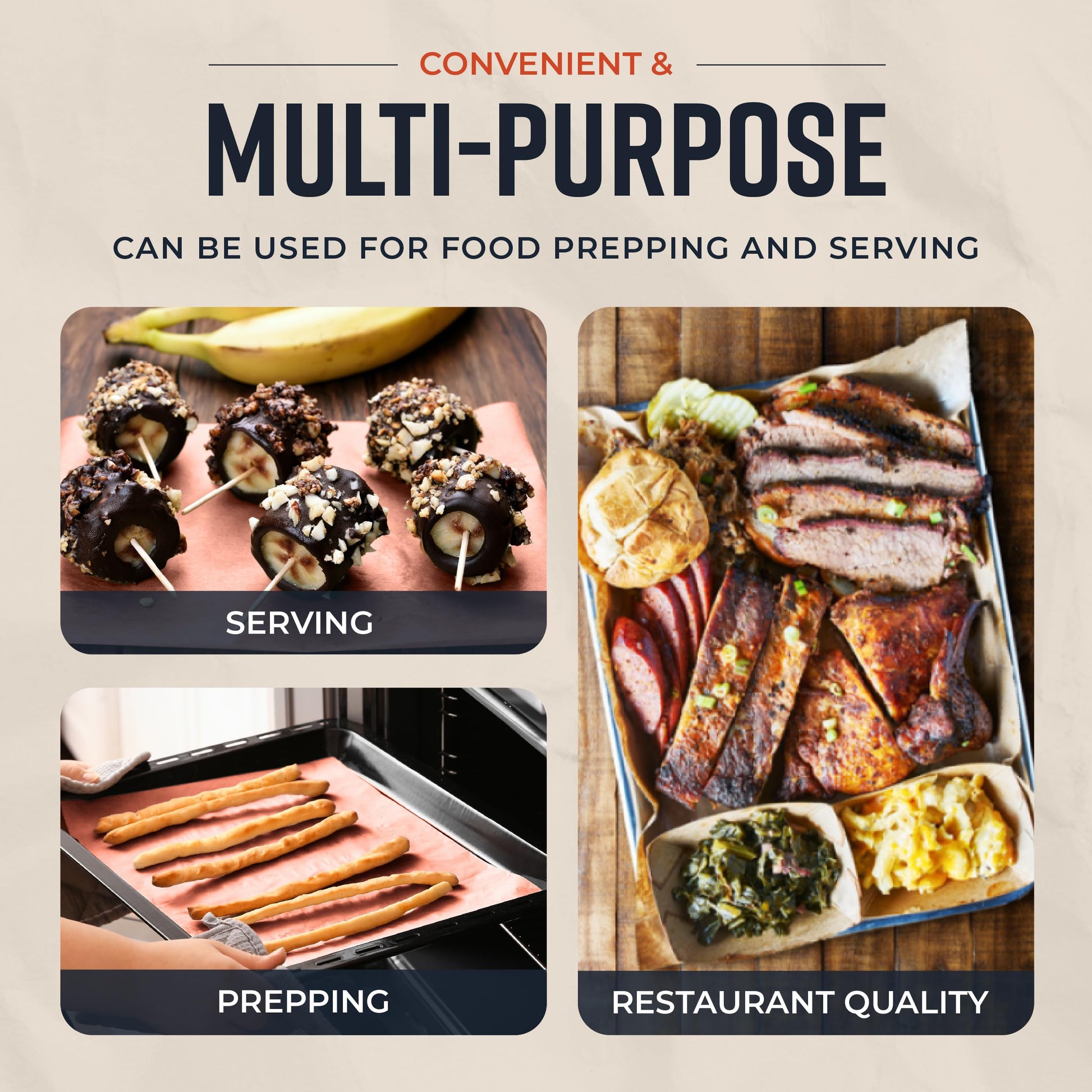 Tres imágenes muestran usos de papel para hornear: sirviendo postres, preparando pan en horno y presentando carnes estilo restaurante, resaltando su conveniencia y versatilidad para cocina y parrilla.