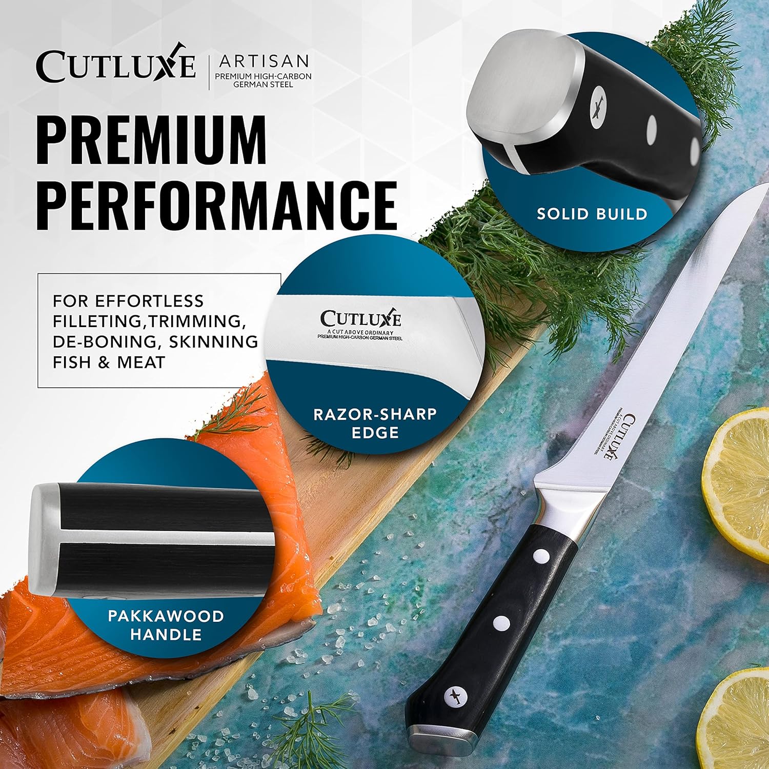 Cuchillo de chef para filetear con mango de madera, ideal para carne y pescado en cocina.