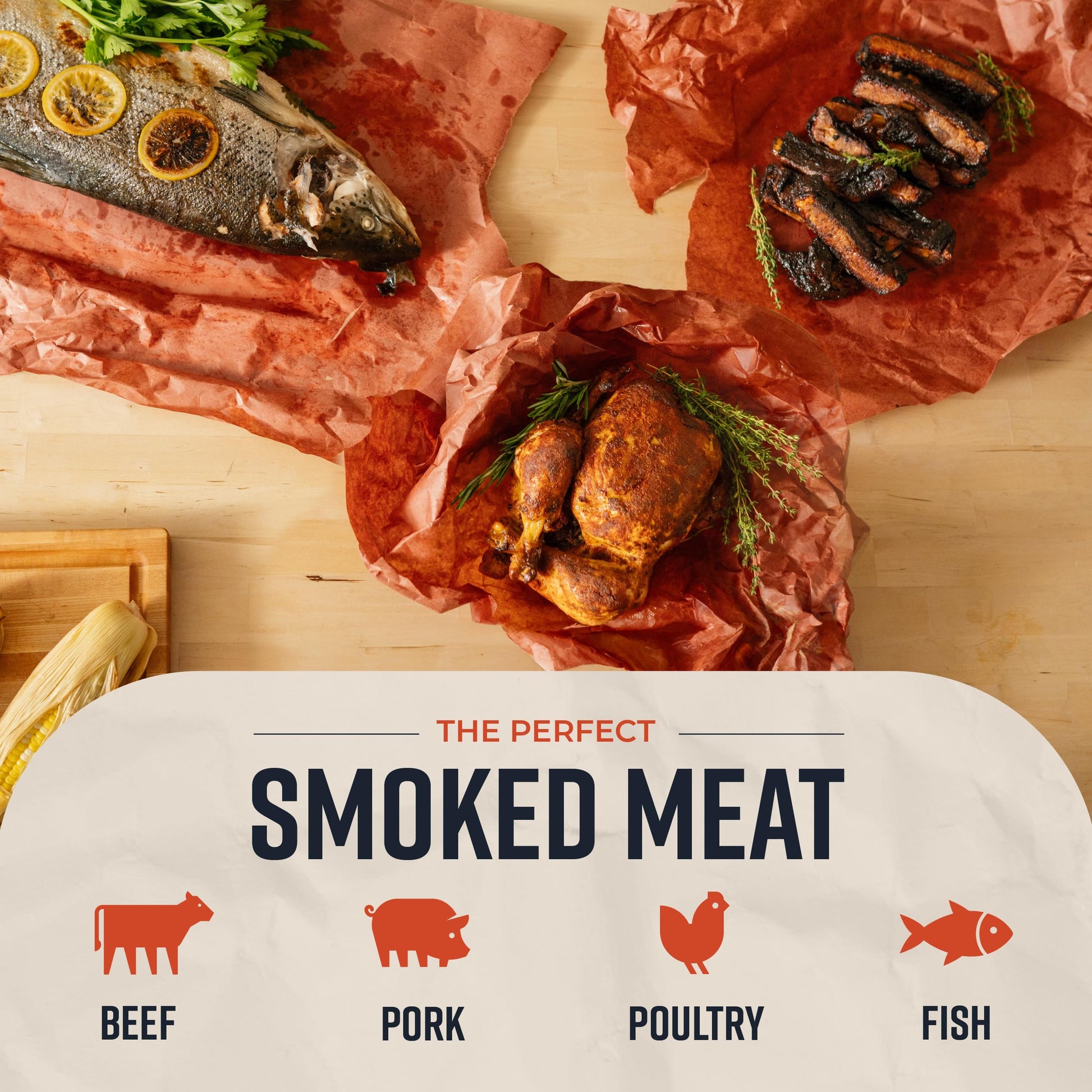 Carne de res, cerdo, pollo y pescado ahumados, ideales para asados, parrilla y bbq.