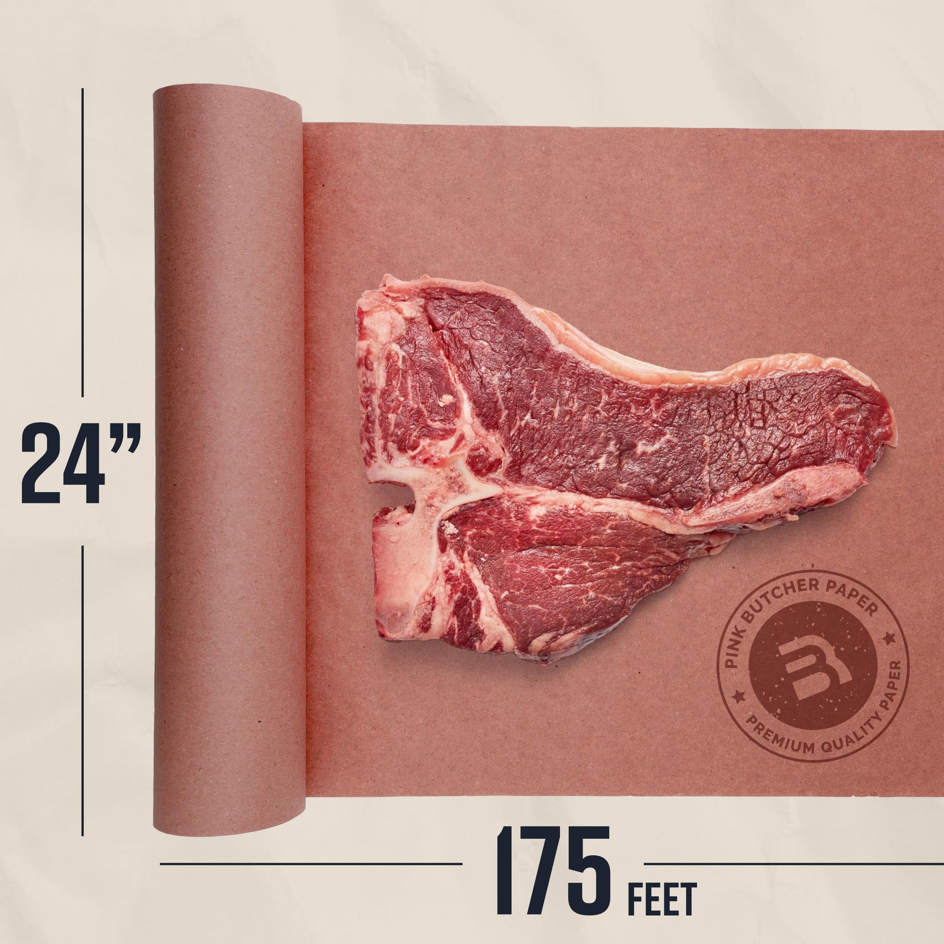 Papel carnicero rosado de 24 pulgadas por 175 pies con corte de carne cruda encima, ideal para asados y parrillas.