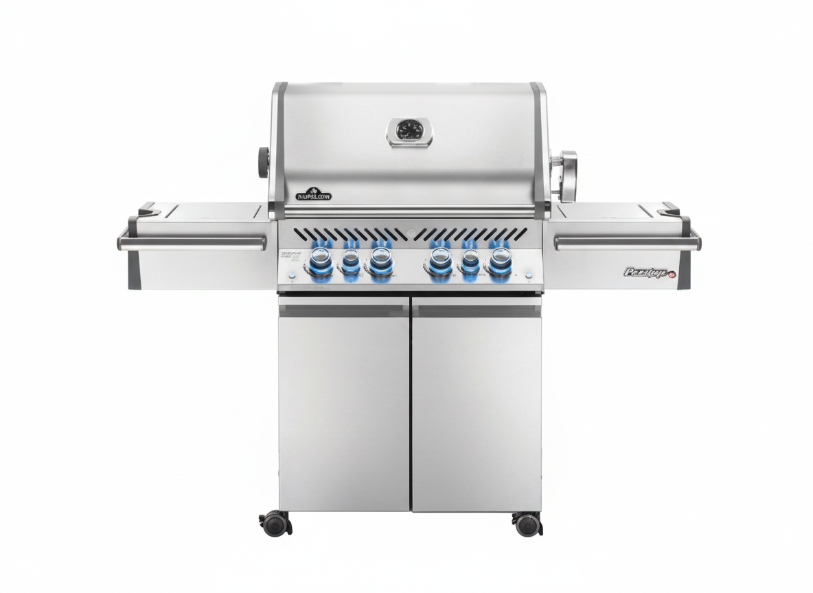 Asador a gas de acero inoxidable con perillas iluminadas, ideal para parrilla y BBQ.