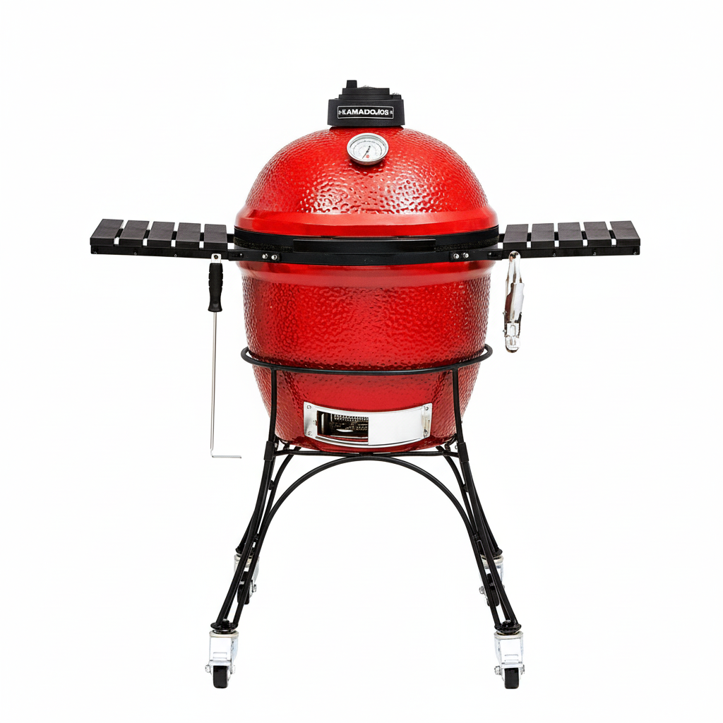 Asador cerámico rojo estilo Kamado con mesas laterales, ideal para parrilla y ahumados