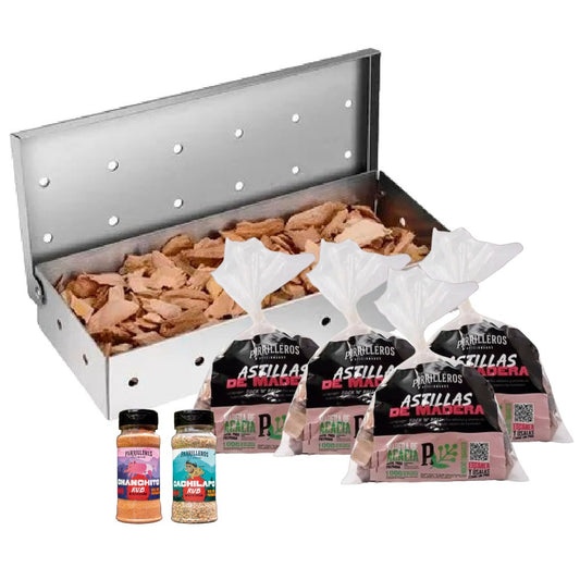 Paquete de astillas de madera para ahumar con caja metálica y condimentos, ideal para asados, parrilla y bbq.