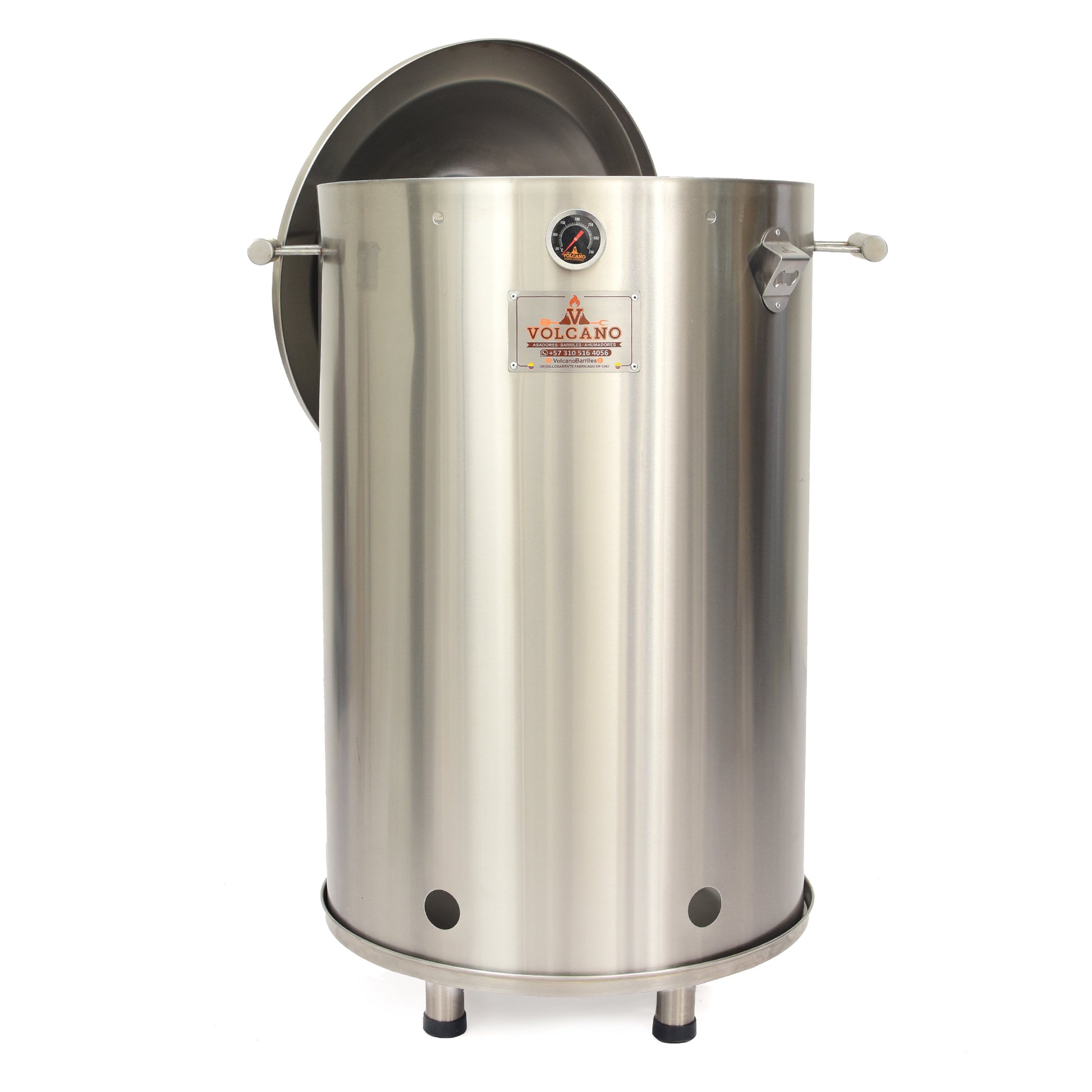 Barril asador grande de acero inoxidable con termómetro, ideal para ahumados y parrillas