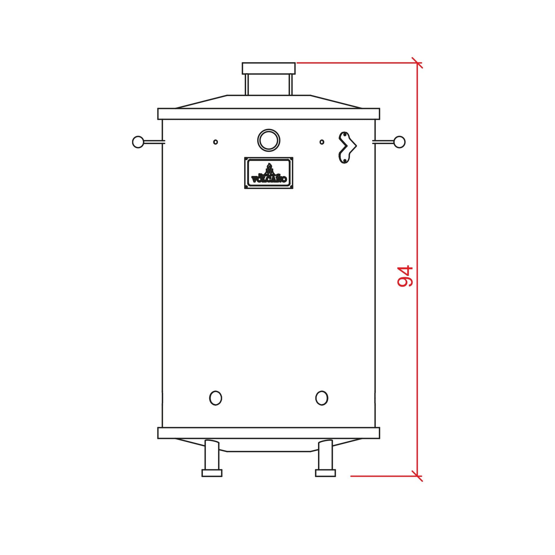 Dibujo técnico de barril asador de acero inoxidable con altura de 94 cm.
