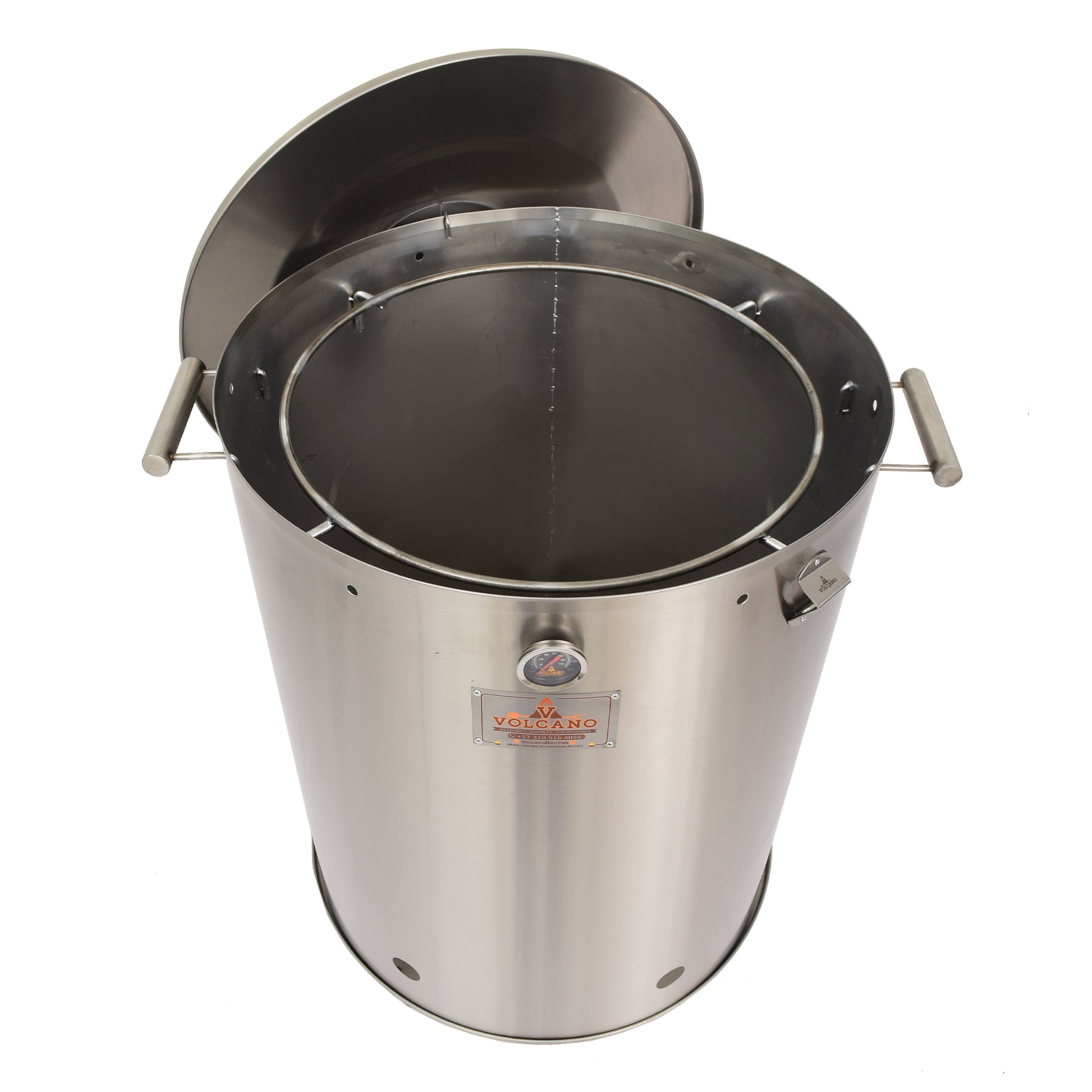 Barril asador jumbo de acero inoxidable con tapa y termómetro para asados y ahumados