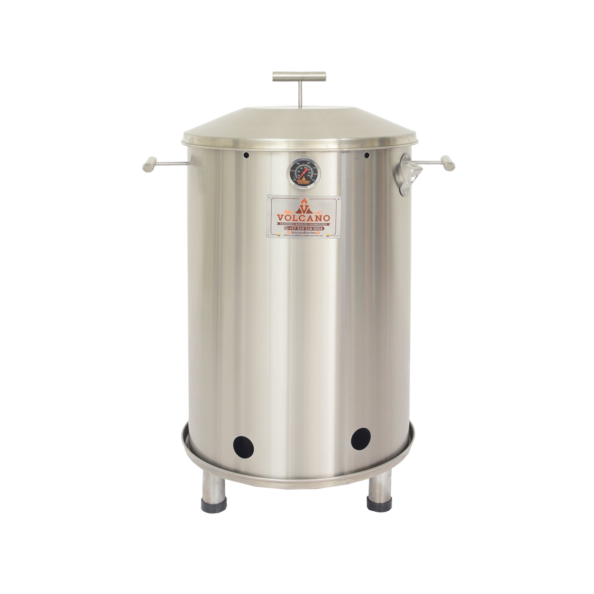 Barril asador mediano de acero inoxidable con termómetro, ideal para asados y ahumados