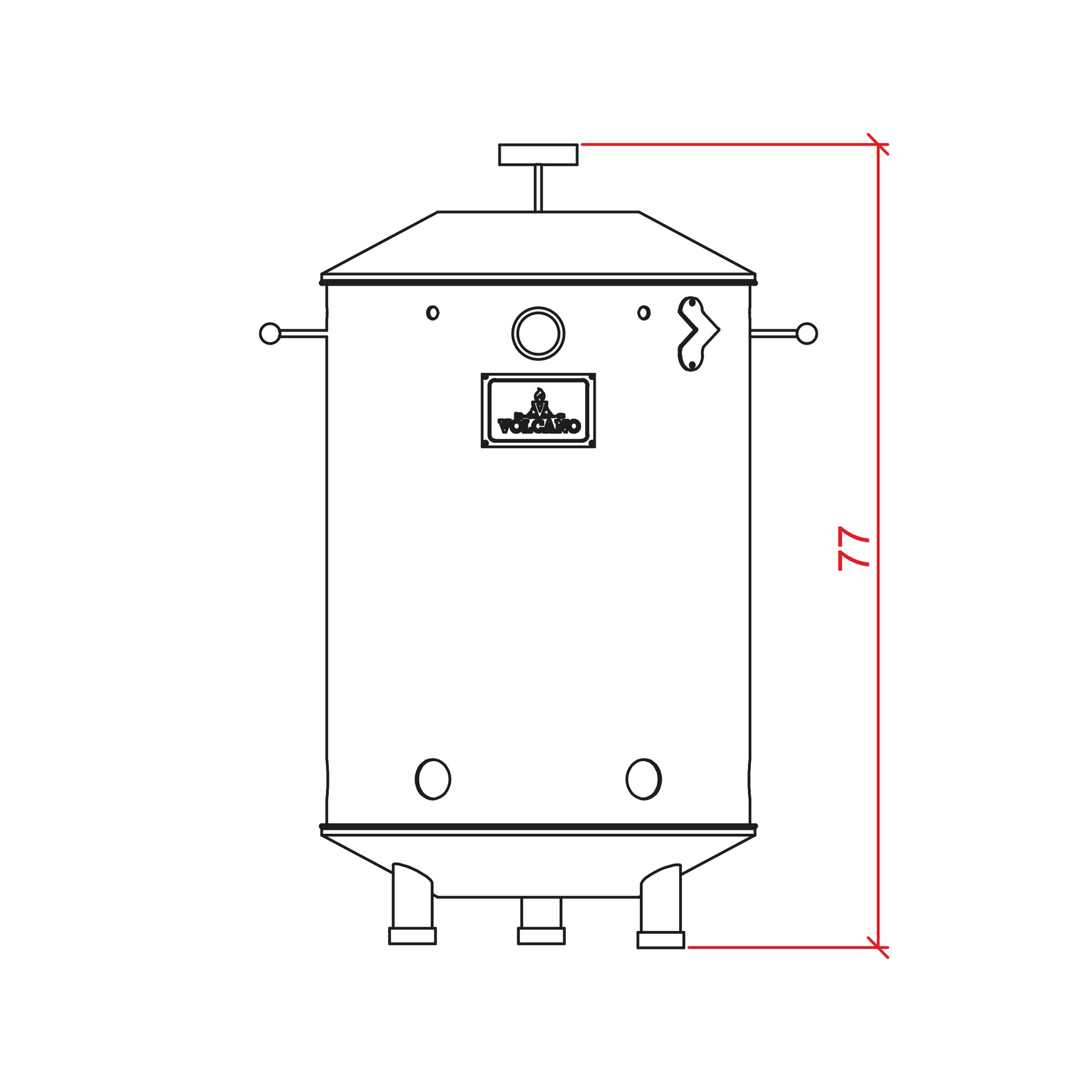 Dibujo técnico de barril asador mediano de acero inoxidable con altura de 77 cm.
