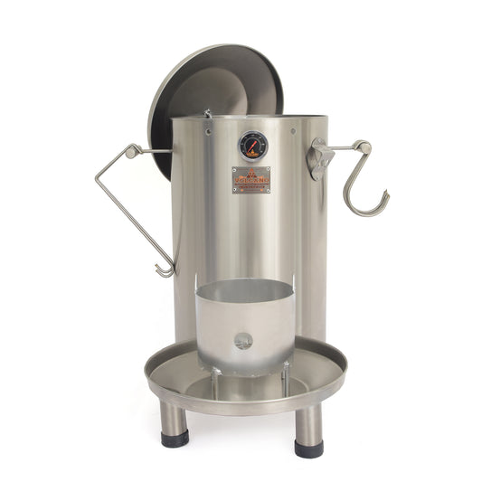 Barril asador pequeño de acero inoxidable con termómetro, ideal para parrilla y ahumados.