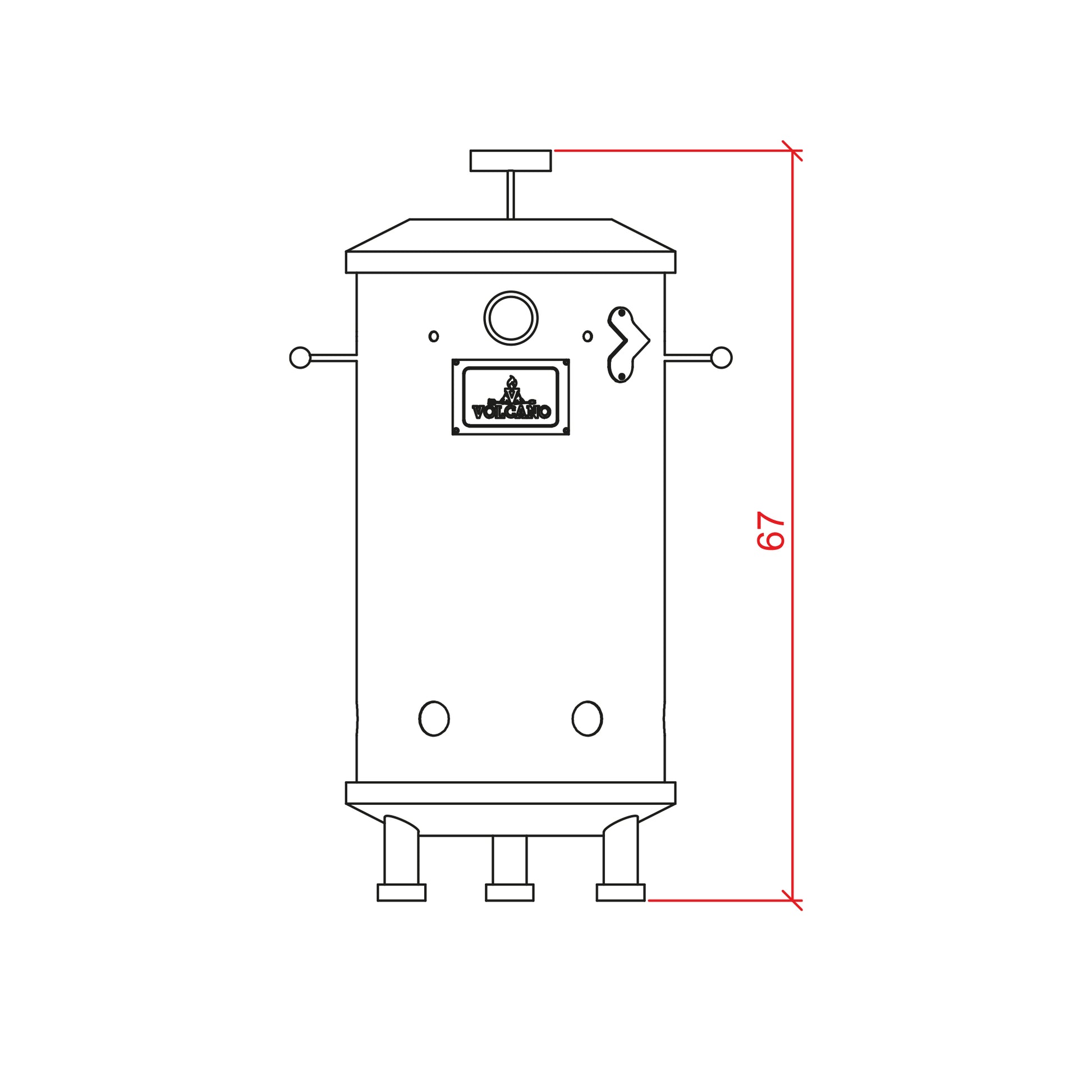 Dibujo técnico de barril asador pequeño de acero inoxidable con medida de alto 67 cm.