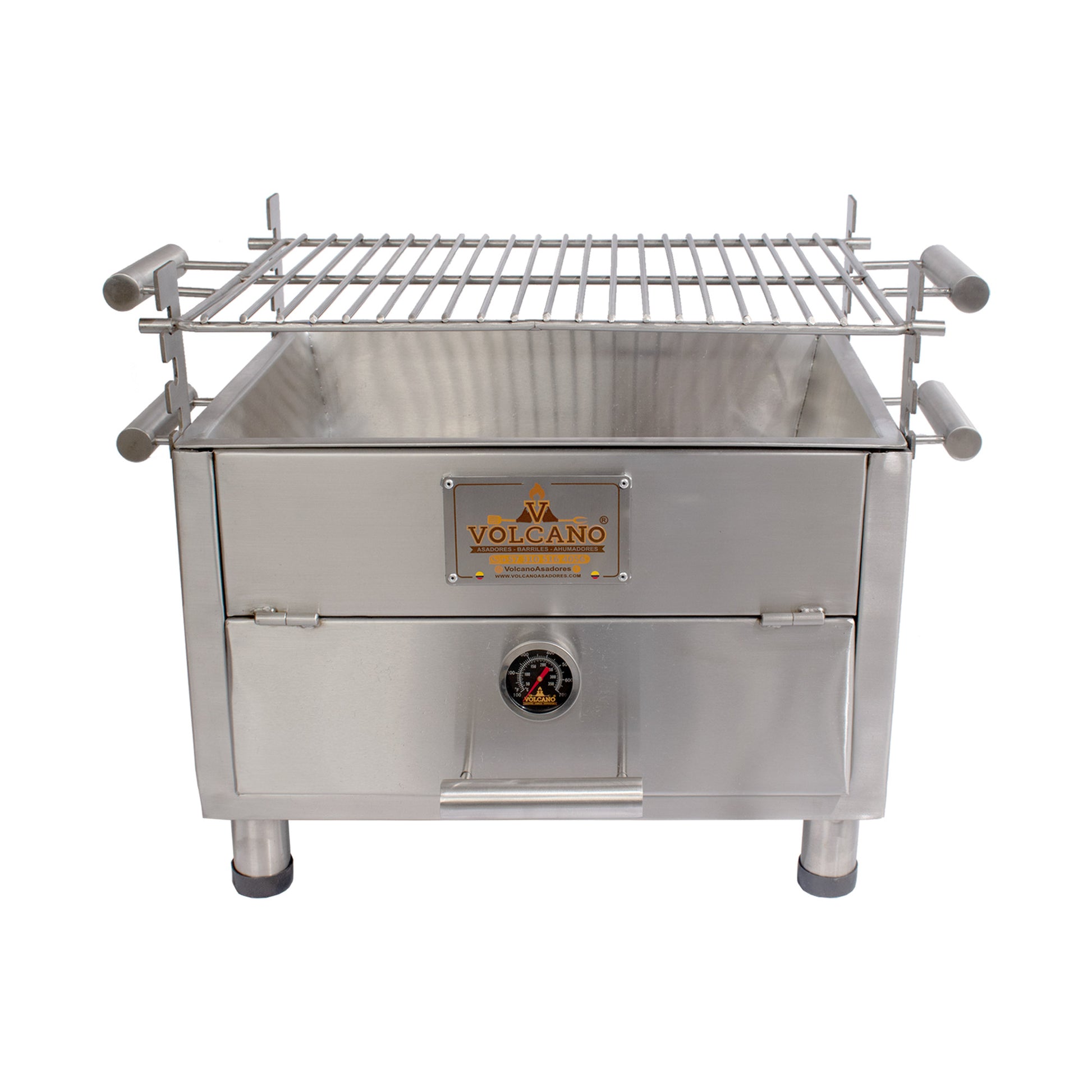 Asador de carbón de acero inoxidable con parrilla ajustable y termómetro frontal, ideal para asados, bbq y ahumados.