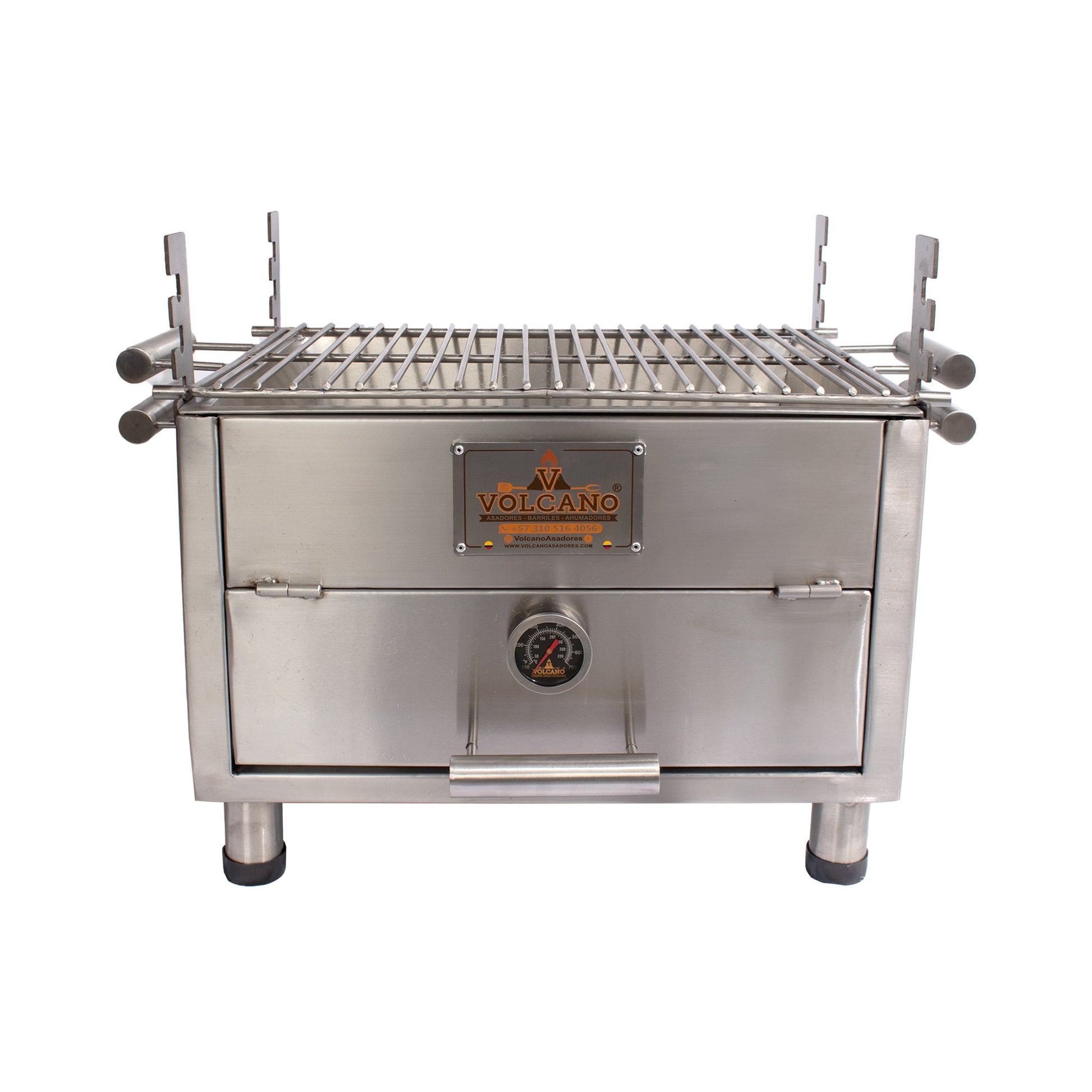 Caja china de acero inoxidable marca Volcano con termómetro, asador a carbón para parrilla y bbq