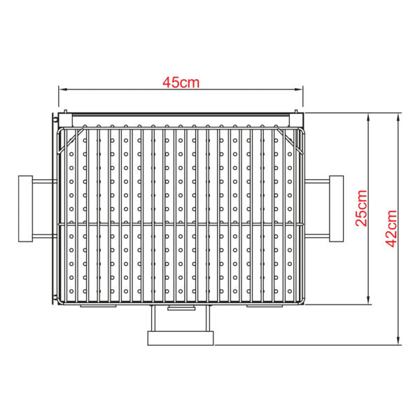 Plano técnico de asador a carbón tipo caja china, medidas 45x42x25 cm.