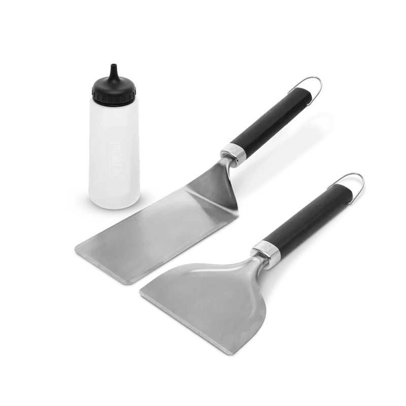 Kit básico para plancha con espátulas y dispensador, ideal para asados y parrilla